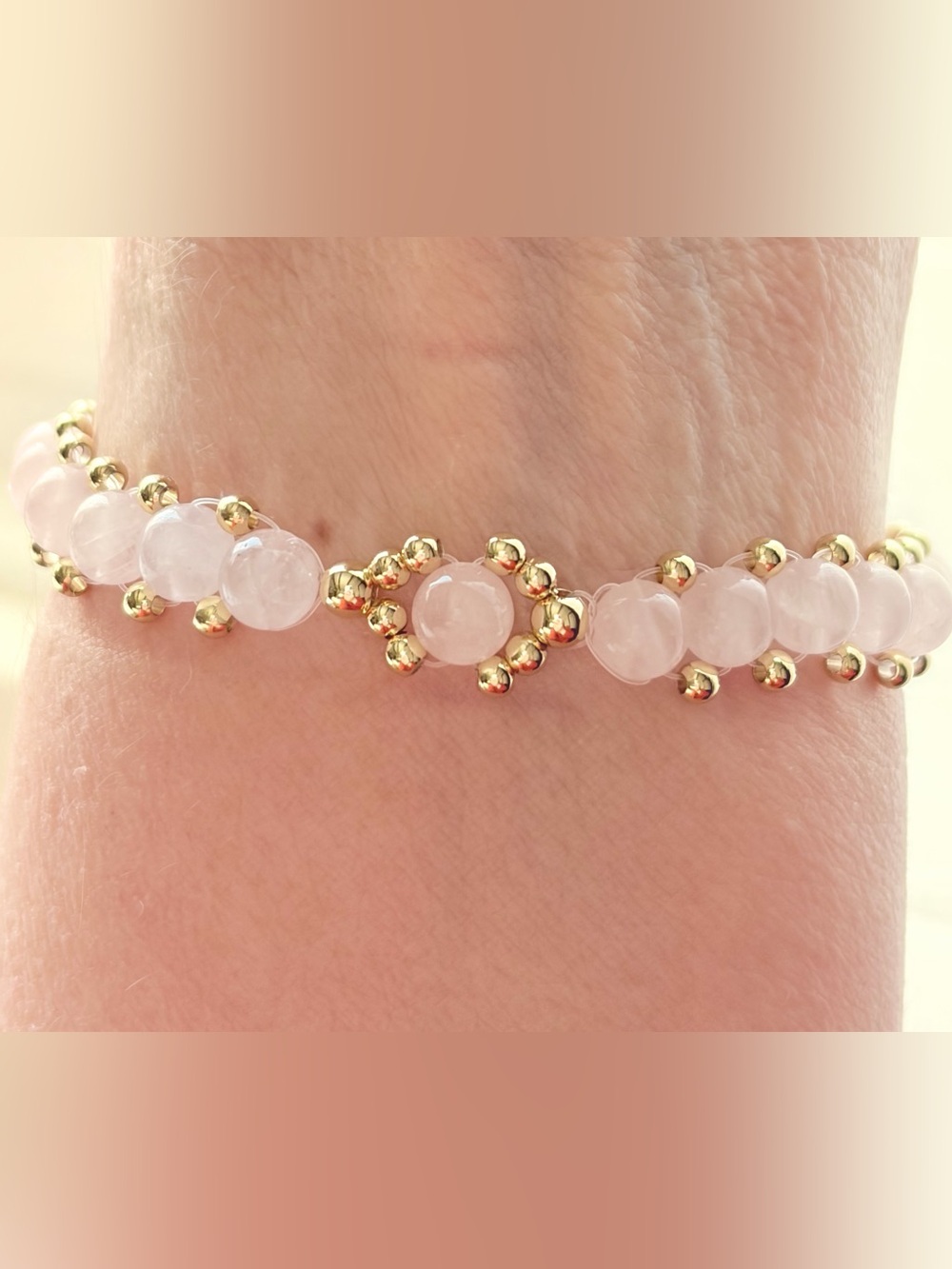 Delicate beaded Bracelet.Rose quartz and 18K gold plated beads,spring clasp.7”.
